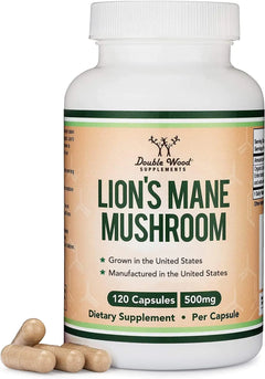 Lions Mane Supplement Mushroom Capsules (Two Month Supply - 120 Count) Lions Mane Mushroom for Brain Support and Immune Health (Third Party Tested Grown and Encapsulated in The USA) by Double Wood