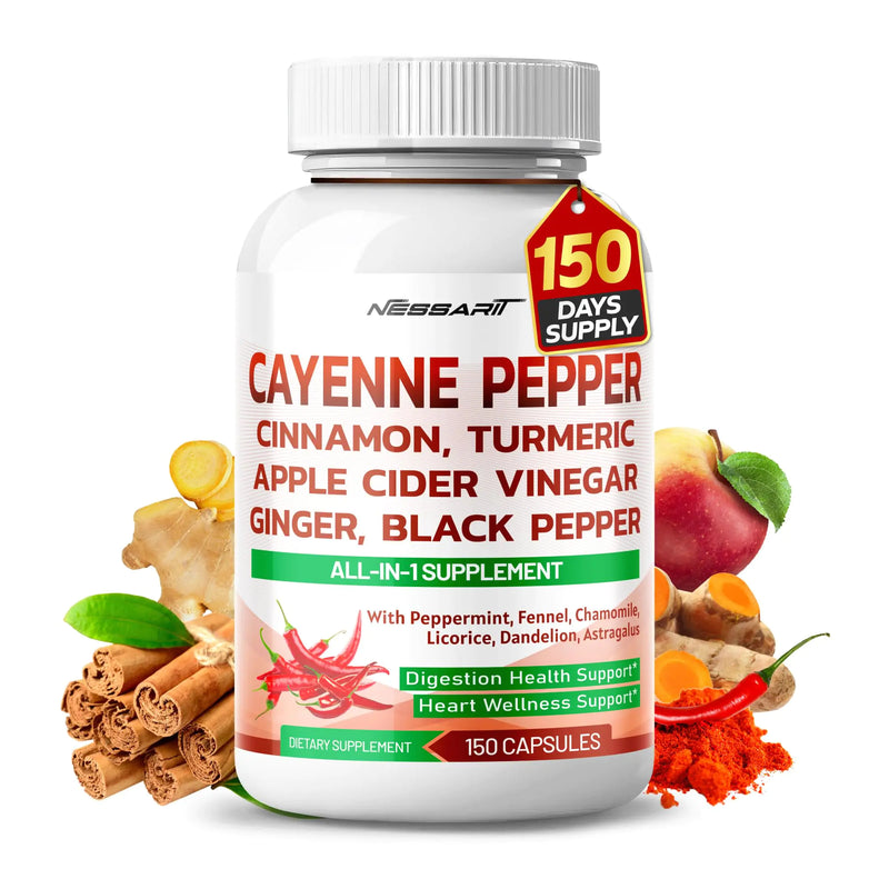NESSARIT Cayenne Pepper 14000mg Supplement - 14-in-1 Natural Blend with Cinnamon Turmeric Ginger Odorless Garlic Peppermint Fennel - 150 Count - Made & Tested in The USA